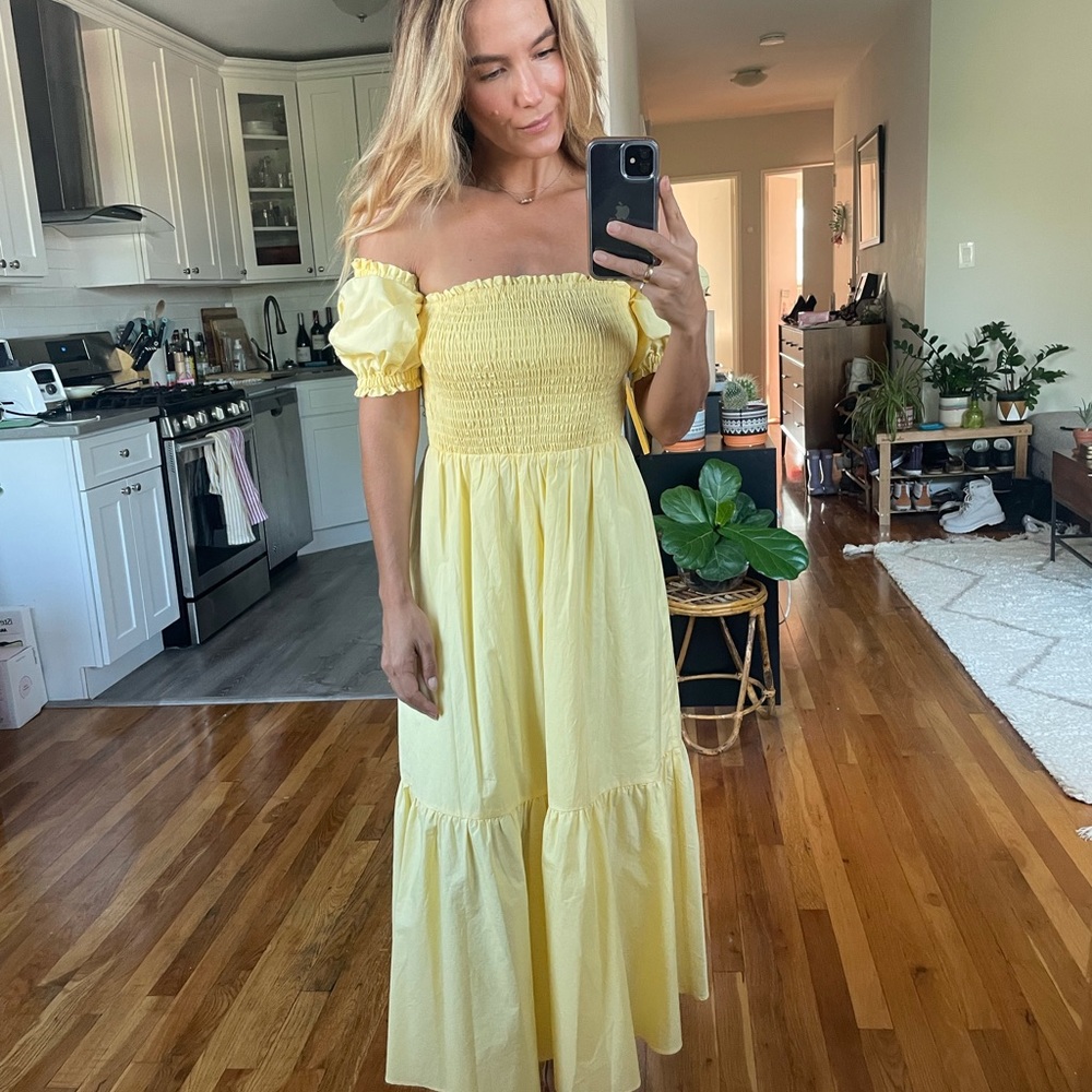 INTERMIX Yellow Off-Shoulder Midi Dress
